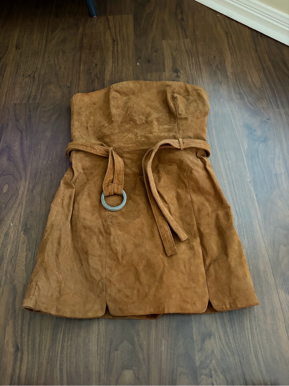 Free People Tan Suede-Look Strapless Mini Skirt with Ring Belt